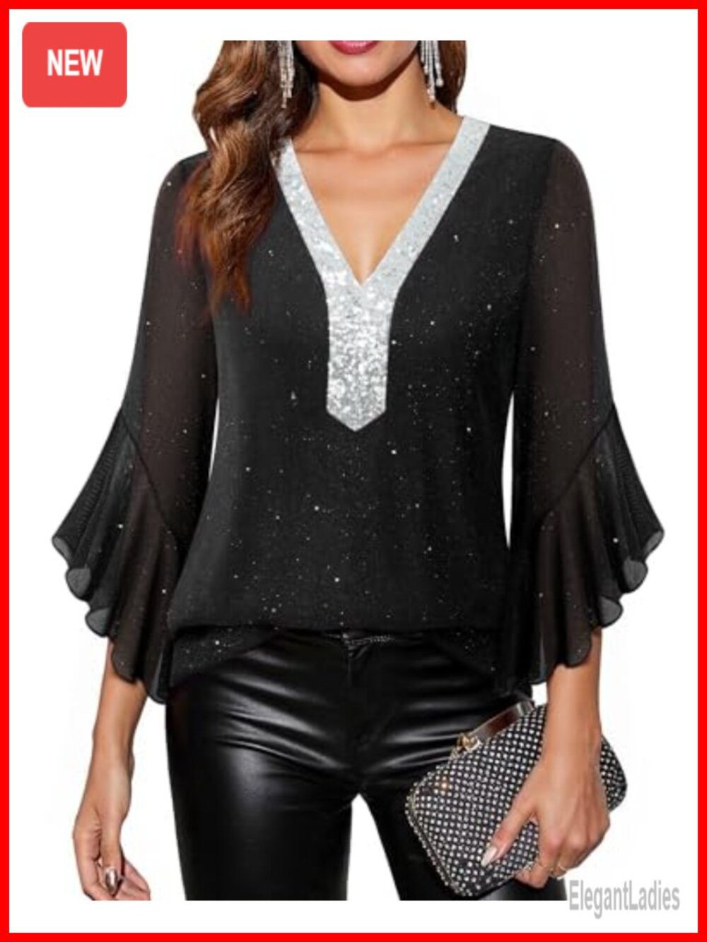 Women's Sequin V-Neck Ruffle 3/4 Sleeve Blouse Dressy Sparkly Top
